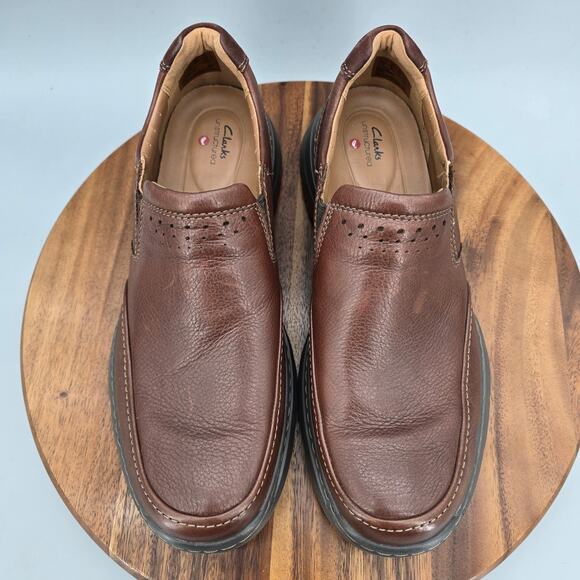 Clarks Shoes Mens 10.5 M Brown Tumbled Leather Un Brawley Slip On Casual Loafers